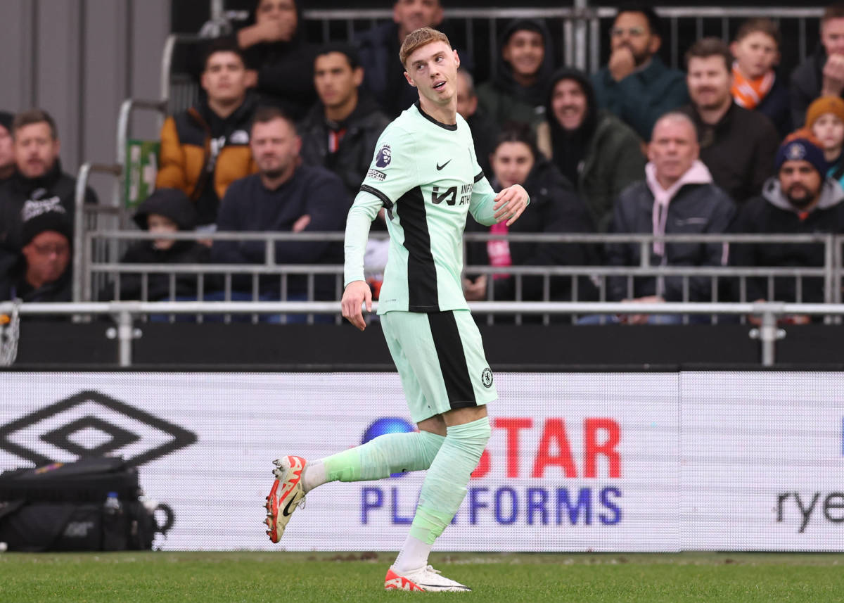 Cole Palmer pictured celebrating after scoring for Chelsea in an away win at Luton Town in December 2023